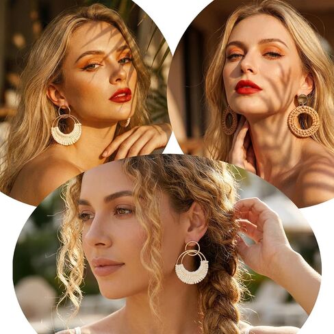 2 Pairs Boho Rattan Hoop Earrings Handmade Lightweight | Handmade Rattan Bamboo Round Hoop Alloy Round Summer Stud for Women, Lightweight and Stylish in Saudi Arabia