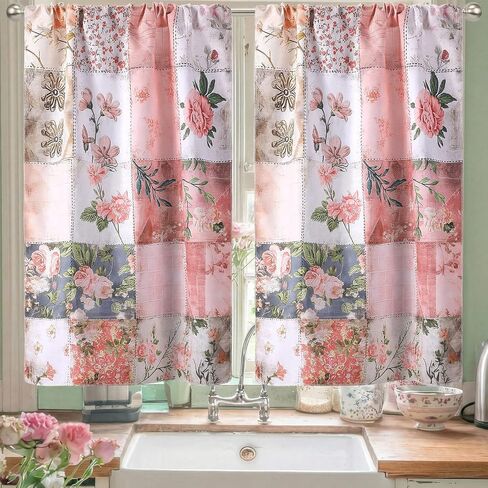 2 Pcs Floral Kitchen Curtain Vintage Pink Flower Window Curtains Over Sink Decor Mid Centurl Retro Farmhouse Patchwork Floral Small Window Cafe Short Curtains for Bathroom 27.5x39 Inch in Saudi Arabia