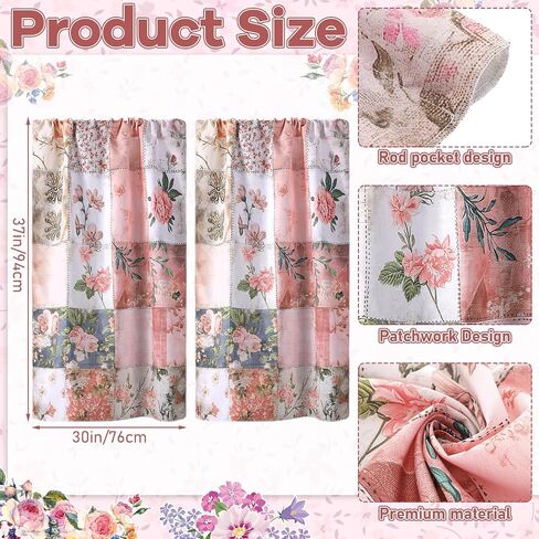2 Pcs Floral Kitchen Curtain Vintage Pink Flower Window Curtains Over Sink Decor Mid Centurl Retro Farmhouse Patchwork Floral Small Window Cafe Short Curtains for Bathroom 27.5x39 Inch in Saudi Arabia