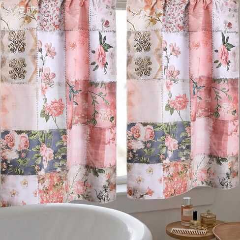 2 Pcs Floral Kitchen Curtain Vintage Pink Flower Window Curtains Over Sink Decor Mid Centurl Retro Farmhouse Patchwork Floral Small Window Cafe Short Curtains for Bathroom 27.5x39 Inch in Saudi Arabia