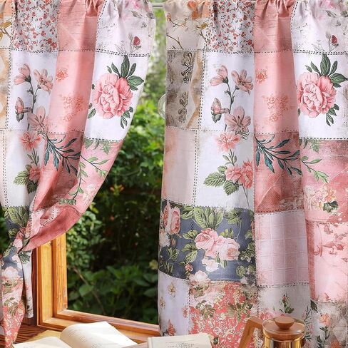 2 Pcs Floral Kitchen Curtain Vintage Pink Flower Window Curtains Over Sink Decor Mid Centurl Retro Farmhouse Patchwork Floral Small Window Cafe Short Curtains for Bathroom 27.5x39 Inch in Saudi Arabia