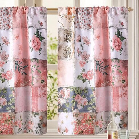 2 Pcs Floral Kitchen Curtain Vintage Pink Flower Window Curtains Over Sink Decor Mid Centurl Retro Farmhouse Patchwork Floral Small Window Cafe Short Curtains for Bathroom 27.5x39 Inch in Saudi Arabia