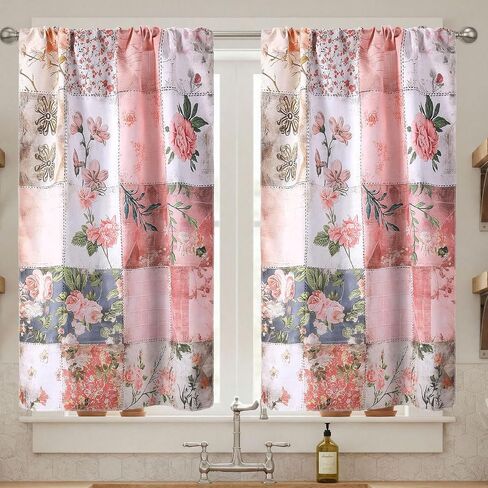 2 Pcs Floral Kitchen Curtain Vintage Pink Flower Window Curtains Over Sink Decor Mid Centurl Retro Farmhouse Patchwork Floral Small Window Cafe Short Curtains for Bathroom 27.5x39 Inch in Saudi Arabia
