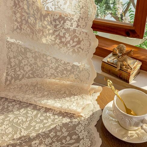 Beige Lace Sheer Curtains - Floral Light Filtering Translucent Drapes with Scalloped Edges for French Doors & Living Room, Romantic Rod Pocket Vintage Crochet,2 Panels,52x84 Inches in Saudi Arabia