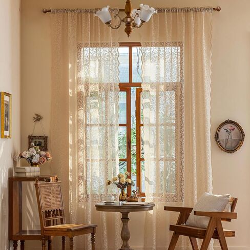 Beige Lace Sheer Curtains - Floral Light Filtering Translucent Drapes with Scalloped Edges for French Doors & Living Room, Romantic Rod Pocket Vintage Crochet,2 Panels,52x84 Inches in Saudi Arabia