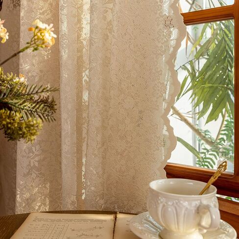 Beige Lace Sheer Curtains - Floral Light Filtering Translucent Drapes with Scalloped Edges for French Doors & Living Room, Romantic Rod Pocket Vintage Crochet,2 Panels,52x84 Inches in Saudi Arabia