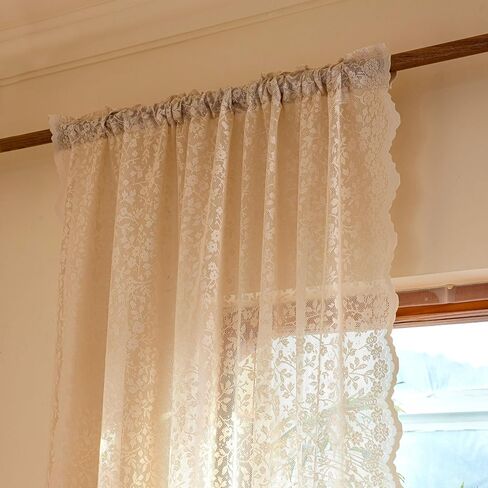Beige Lace Sheer Curtains - Floral Light Filtering Translucent Drapes with Scalloped Edges for French Doors & Living Room, Romantic Rod Pocket Vintage Crochet,2 Panels,52x84 Inches in Saudi Arabia