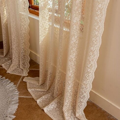 Beige Lace Sheer Curtains - Floral Light Filtering Translucent Drapes with Scalloped Edges for French Doors & Living Room, Romantic Rod Pocket Vintage Crochet,2 Panels,52x84 Inches in Saudi Arabia