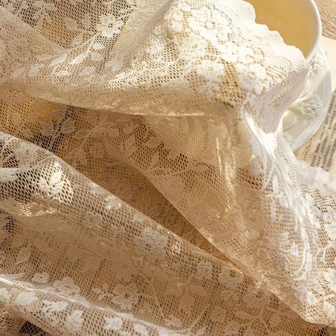 Beige Lace Sheer Curtains - Floral Light Filtering Translucent Drapes with Scalloped Edges for French Doors & Living Room, Romantic Rod Pocket Vintage Crochet,2 Panels,52x84 Inches in Saudi Arabia