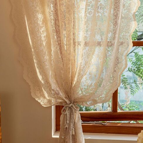 Beige Lace Sheer Curtains - Floral Light Filtering Translucent Drapes with Scalloped Edges for French Doors & Living Room, Romantic Rod Pocket Vintage Crochet,2 Panels,52x84 Inches in Saudi Arabia