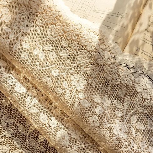 Beige Lace Sheer Curtains - Floral Light Filtering Translucent Drapes with Scalloped Edges for French Doors & Living Room, Romantic Rod Pocket Vintage Crochet,2 Panels,52x84 Inches in Saudi Arabia