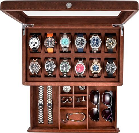 Awesometik 12 Slot LUXURY Faux Leather Watch Box Organizer. Real Glass Top. Watch Display & Watch Holder for Men. Watch Collection, Protection. For Men Ready to Gift (12 Slot Watch Box with Drawer) in Saudi Arabia