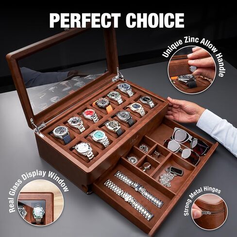 Awesometik 12 Slot LUXURY Faux Leather Watch Box Organizer. Real Glass Top. Watch Display & Watch Holder for Men. Watch Collection, Protection. For Men Ready to Gift (12 Slot Watch Box with Drawer) in Saudi Arabia