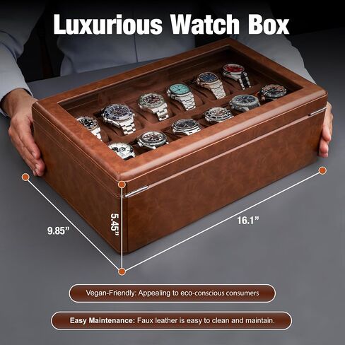 Awesometik 12 Slot LUXURY Faux Leather Watch Box Organizer. Real Glass Top. Watch Display & Watch Holder for Men. Watch Collection, Protection. For Men Ready to Gift (12 Slot Watch Box with Drawer) in Saudi Arabia