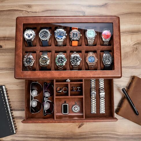 Awesometik 12 Slot LUXURY Faux Leather Watch Box Organizer. Real Glass Top. Watch Display & Watch Holder for Men. Watch Collection, Protection. For Men Ready to Gift (12 Slot Watch Box with Drawer) in Saudi Arabia