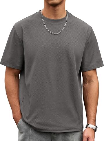 Mens Oversized Textured Tshirt Casual Midweight Summer Crewneck Street T-Shirt (S-XXL) in Saudi Arabia