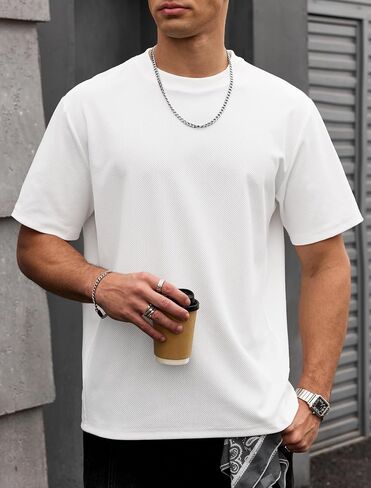 Mens Oversized Textured Tshirt Casual Midweight Summer Crewneck Street T-Shirt (S-XXL) in Saudi Arabia
