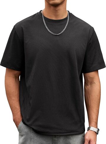 Mens Oversized Textured Tshirt Casual Midweight Summer Crewneck Street T-Shirt (S-XXL) in Saudi Arabia