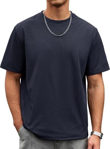 Mens Oversized Textured Tshirt Casual Midweight Summer Crewneck Street T-Shirt (S-XXL) in Saudi Arabia