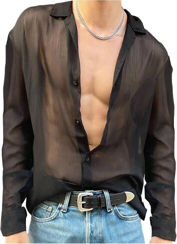 SHENHE Men's Mesh Sheer Long Sleeve Button Down Shirt See Through Party Rave Disco Shirt Top in Kuwait