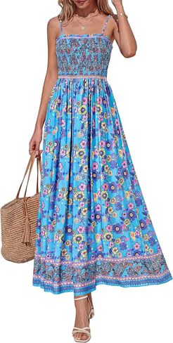 PRETTYGARDEN Summer Dresses for Women 2026 Casual Spaghetti Strap Beach Long Sundresses Boho Floral Smocked Maxi Flowy Dress in Kuwait