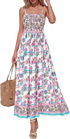 PRETTYGARDEN Summer Dresses for Women 2026 Casual Spaghetti Strap Beach Long Sundresses Boho Floral Smocked Maxi Flowy Dress in Kuwait