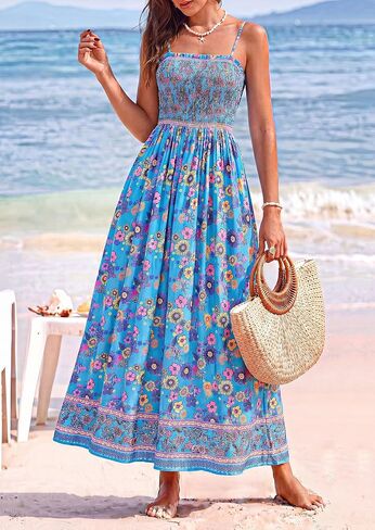 PRETTYGARDEN Summer Dresses for Women 2026 Casual Spaghetti Strap Beach Long Sundresses Boho Floral Smocked Maxi Flowy Dress in Kuwait