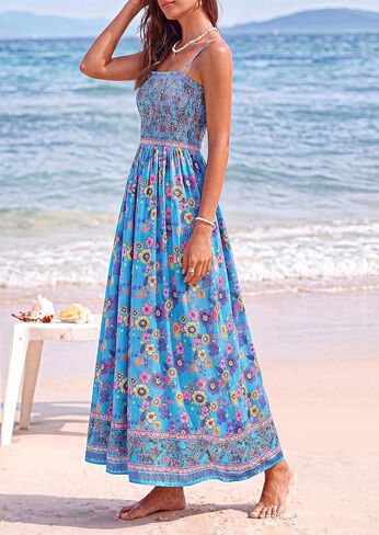 PRETTYGARDEN Summer Dresses for Women 2026 Casual Spaghetti Strap Beach Long Sundresses Boho Floral Smocked Maxi Flowy Dress in Kuwait