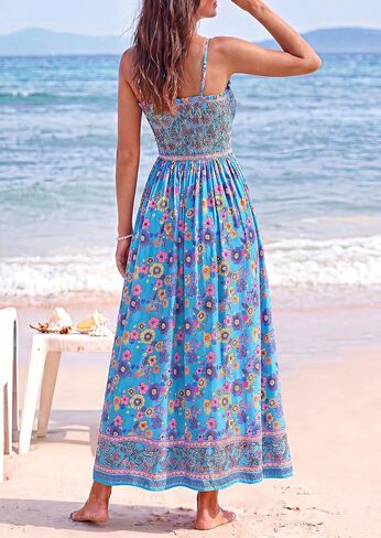 PRETTYGARDEN Summer Dresses for Women 2026 Casual Spaghetti Strap Beach Long Sundresses Boho Floral Smocked Maxi Flowy Dress in Kuwait