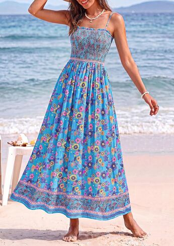 PRETTYGARDEN Summer Dresses for Women 2026 Casual Spaghetti Strap Beach Long Sundresses Boho Floral Smocked Maxi Flowy Dress in Kuwait