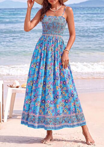 PRETTYGARDEN Summer Dresses for Women 2026 Casual Spaghetti Strap Beach Long Sundresses Boho Floral Smocked Maxi Flowy Dress in Kuwait