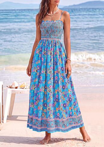 PRETTYGARDEN Summer Dresses for Women 2026 Casual Spaghetti Strap Beach Long Sundresses Boho Floral Smocked Maxi Flowy Dress in Kuwait