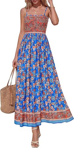PRETTYGARDEN Summer Dresses for Women 2026 Casual Spaghetti Strap Beach Long Sundresses Boho Floral Smocked Maxi Flowy Dress in Kuwait