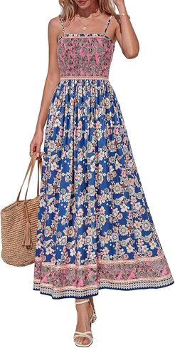 PRETTYGARDEN Summer Dresses for Women 2026 Casual Spaghetti Strap Beach Long Sundresses Boho Floral Smocked Maxi Flowy Dress in Kuwait
