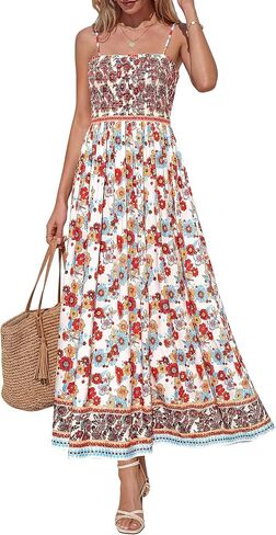 PRETTYGARDEN Summer Dresses for Women 2026 Casual Spaghetti Strap Beach Long Sundresses Boho Floral Smocked Maxi Flowy Dress in Kuwait