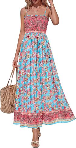 PRETTYGARDEN Summer Dresses for Women 2026 Casual Spaghetti Strap Beach Long Sundresses Boho Floral Smocked Maxi Flowy Dress in Kuwait