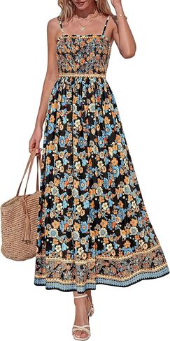 PRETTYGARDEN Summer Dresses for Women 2026 Casual Spaghetti Strap Beach Long Sundresses Boho Floral Smocked Maxi Flowy Dress in Kuwait