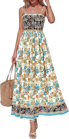 PRETTYGARDEN Summer Dresses for Women 2026 Casual Spaghetti Strap Beach Long Sundresses Boho Floral Smocked Maxi Flowy Dress in Kuwait