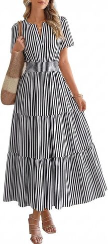 utcoco Striped Dress Women 2026 Y2K Retro Elastic High Waist Vertical Stripe Cotton A-Line Midi Dress in Kuwait