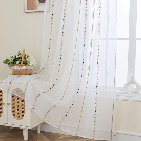 Rainbow Stripe Boho Sheer Curtains for Living Room 84 inch Long Embroidered Window Curtain Drapes for Bedroom Rod Pocket Top 52 x 84 inch 1 Panel in Kuwait