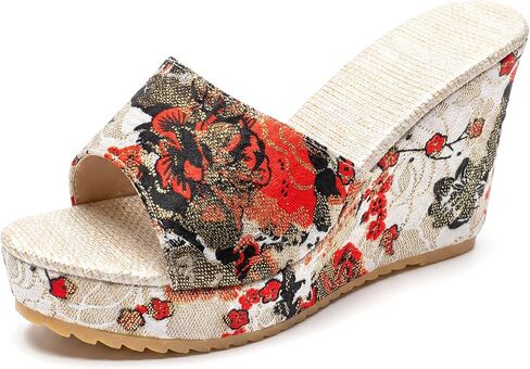 Allegra K Women's Embroidered Wedge Platform Peep-toe Slip Sandals in Saudi Arabia