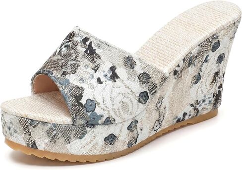 Allegra K Women's Embroidered Wedge Platform Peep-toe Slip Sandals in Saudi Arabia