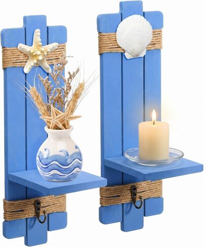 Lewtemi 2 Set Starfish Seashell Wall Candle Sconces with Hook Beach Decor Ocean Wall-mount Candle Holders Blue Wood Wall Nautical Style Coastal Farmhouse Decor for Bathroom Living Room Bedroom Kitchen in Kuwait