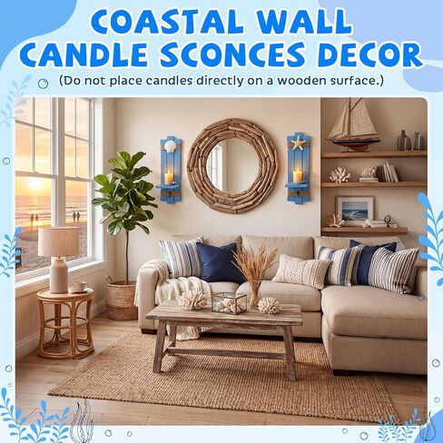 Lewtemi 2 Set Starfish Seashell Wall Candle Sconces with Hook Beach Decor Ocean Wall-mount Candle Holders Blue Wood Wall Nautical Style Coastal Farmhouse Decor for Bathroom Living Room Bedroom Kitchen in Kuwait