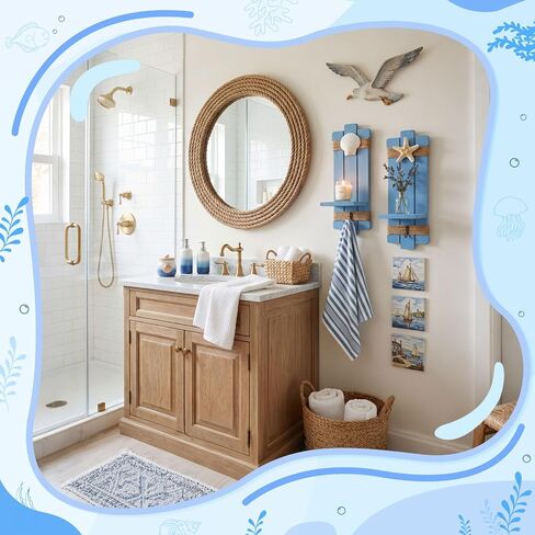 Lewtemi 2 Set Starfish Seashell Wall Candle Sconces with Hook Beach Decor Ocean Wall-mount Candle Holders Blue Wood Wall Nautical Style Coastal Farmhouse Decor for Bathroom Living Room Bedroom Kitchen in Kuwait