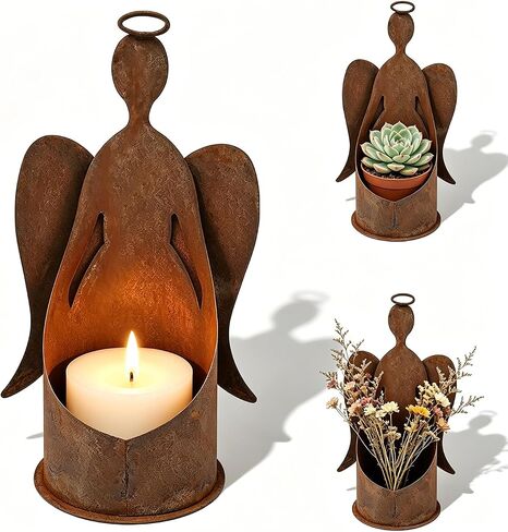 Rusted Metal Angel Candle Holder & Planter - Multi-Use Farmhouse Decor for Candles, Succulents & Dried Flowers, Vintage Iron Silhouette Lantern for Mantel, Patio & Home, 5.35x5.35x9.84 Inch in Saudi Arabia