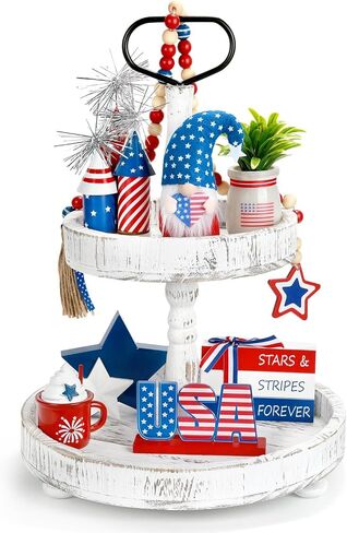 4th of July Decorations 8 Pcs Patriotic Memorial Day Tiered Tray Decor, Independence Day Fourth of July Red White and Blue Decorations for Home Office Tabletop Sign Centerpieces Shelf Mantel Decor in Kuwait