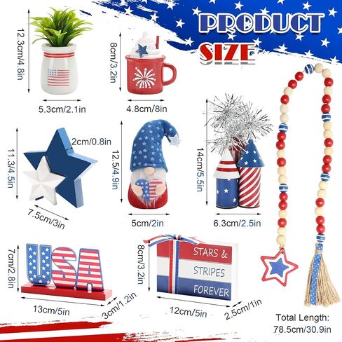 4th of July Decorations 8 Pcs Patriotic Memorial Day Tiered Tray Decor, Independence Day Fourth of July Red White and Blue Decorations for Home Office Tabletop Sign Centerpieces Shelf Mantel Decor in Kuwait