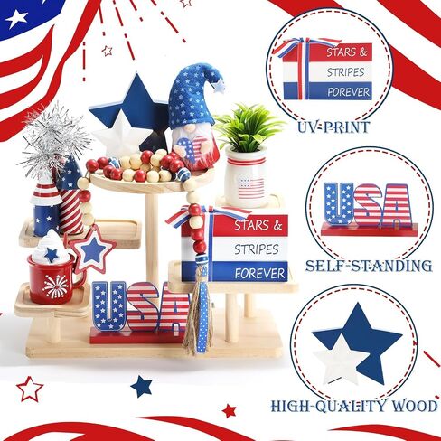 4th of July Decorations 8 Pcs Patriotic Memorial Day Tiered Tray Decor, Independence Day Fourth of July Red White and Blue Decorations for Home Office Tabletop Sign Centerpieces Shelf Mantel Decor in Kuwait