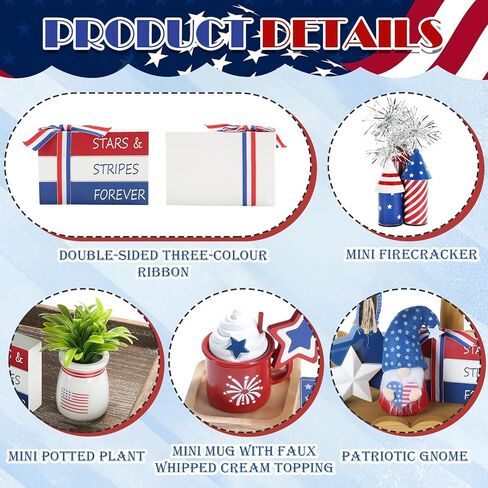 4th of July Decorations 8 Pcs Patriotic Memorial Day Tiered Tray Decor, Independence Day Fourth of July Red White and Blue Decorations for Home Office Tabletop Sign Centerpieces Shelf Mantel Decor in Kuwait
